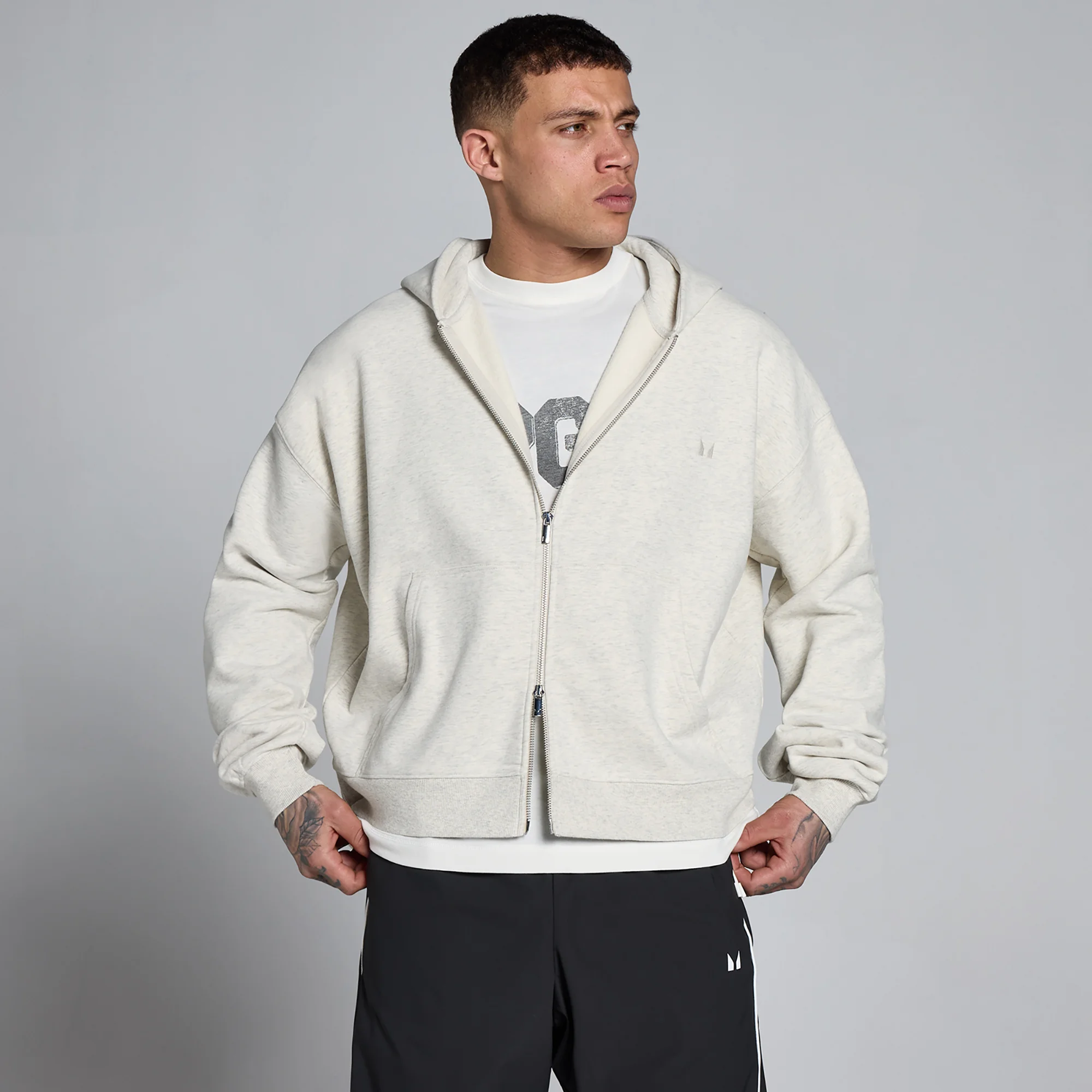 MP Men's Lift Oversized Loopback 2 Way Zip Hoodie - Creamy Grey Marl - XS Bilde 1