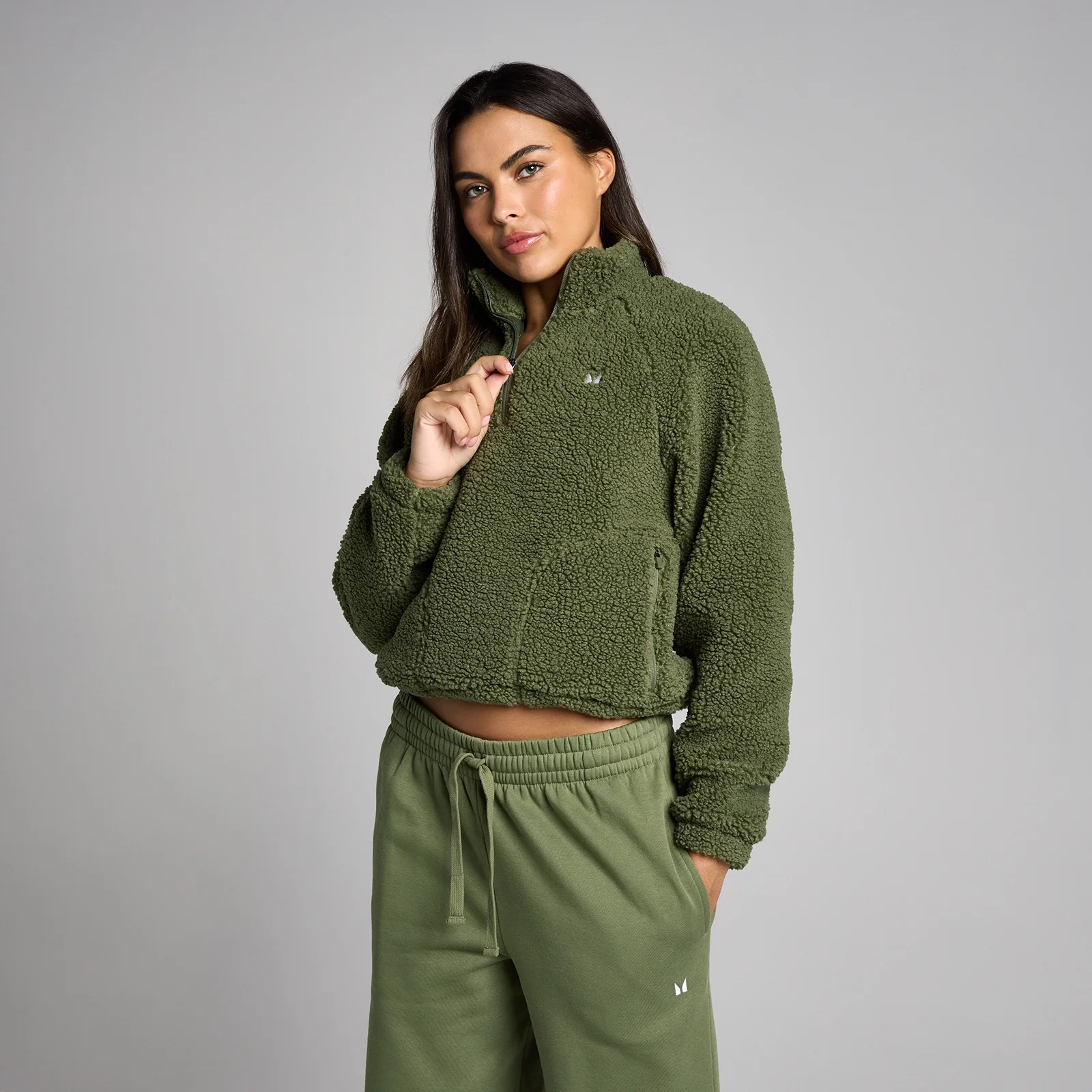 MP Women's Cropped Borg 1/4 Zip Fleece - Washed Olive - S Bilde 1